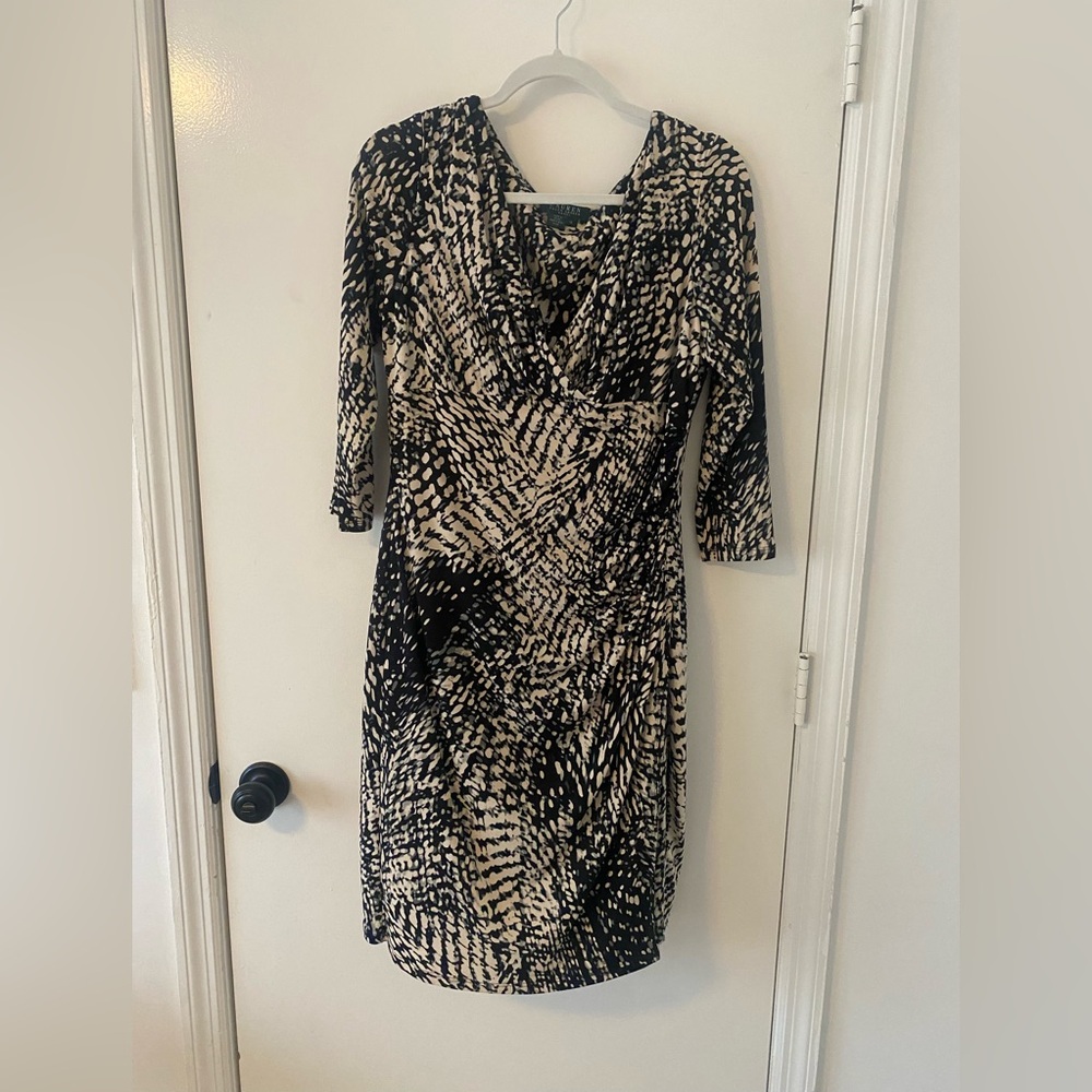 Lauren Ralph Lauren Faux Wrap Sheath Dress Long Sleeve Size 12 Snakeskin Print
